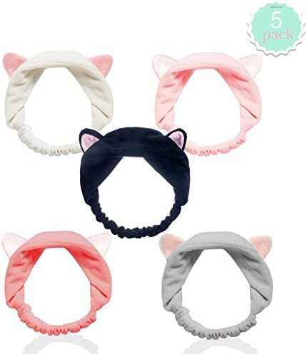 Makeup Cat Ears Headbands ，Luomi 5 Pack Elastic Women's Lovely Etti Hair Band ，Colourful Cloth Headband-Washable For Spa Running Sport Facial Party Band Wrap -Fits All Head Size