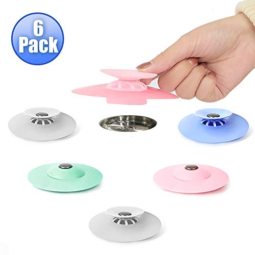 Drain Cover Silicone Hair Catcher Trap Bathtub Drain 2 in 1 Sink Drain Stoppers and Strainers for Kitchen Bathtub and Shower Floor, 6 Pack