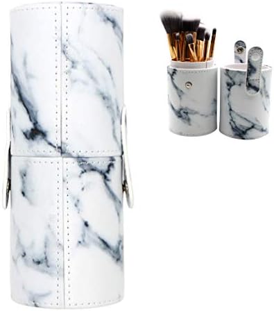 Makeup Brushes Holder Marble Make Up Brush Cup Organizer Large Travel Cosmetic Storage Case for Women Face Eyeliner Blush Contour Foundation White PU Leather