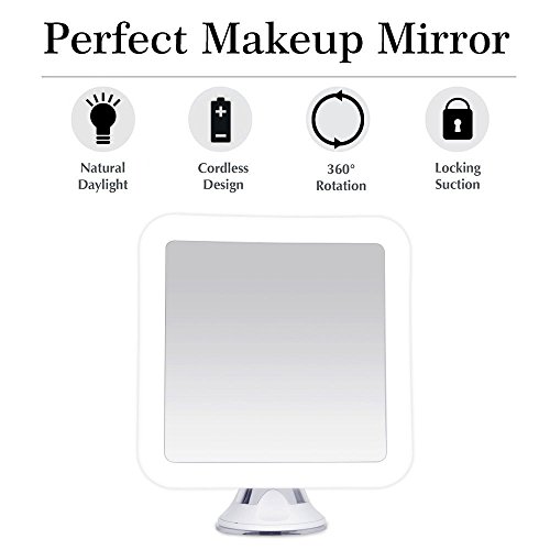 KEDSUM 10X Magnifying LED Lighted Makeup Mirror, 6.3" Wide Travel Mirror with Lights and Strong Suction Cup, 360 Rotation, Compact, Cordless, Battery Operated, Portable Illuminated Bathroom Mirror