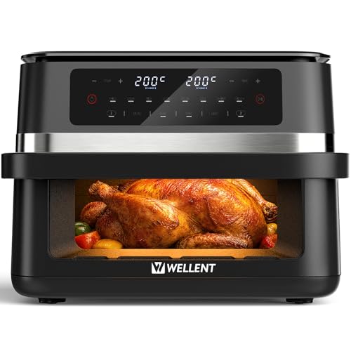 WELLENT Dual Zone Hot Air Fryer 12L 2950W with Removable Divider, 8-in-1 Air Fryer with Sync & Shake Reminder Function & Viewing Window Design
