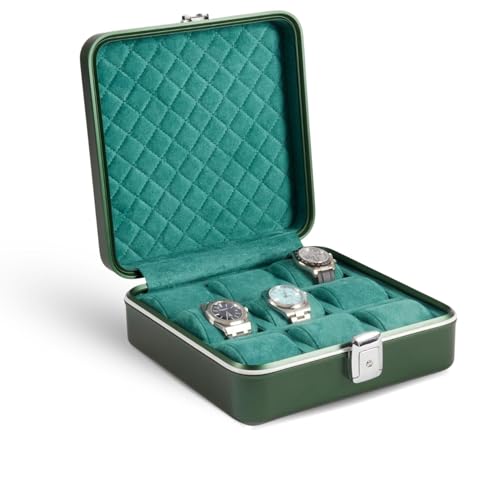 Bey-Berk Prague Aluminum Watch Case in Hunter Green – 9-Slot Locking Travel Box with Soft Interior for Watch Storage