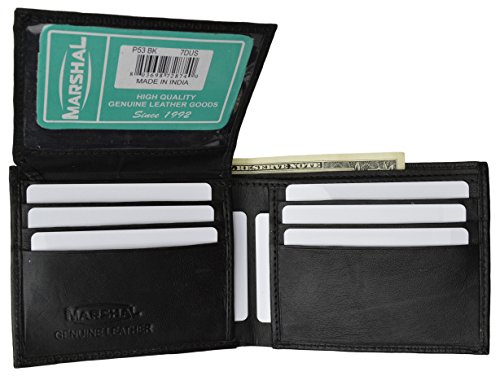 Leather Men Bi Fold Wallet with FIXED FLIP UP single Window ID - BLACK-by Marshal