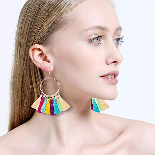 12 Paris Tassel Hoop Earrings for Women-Colorful Fan Shape Drop Dangle Earrings Yellow Red Pink Black White Fringe Earring Set for Girls Daily Wear Fashion Jewelry Christmas Gifts