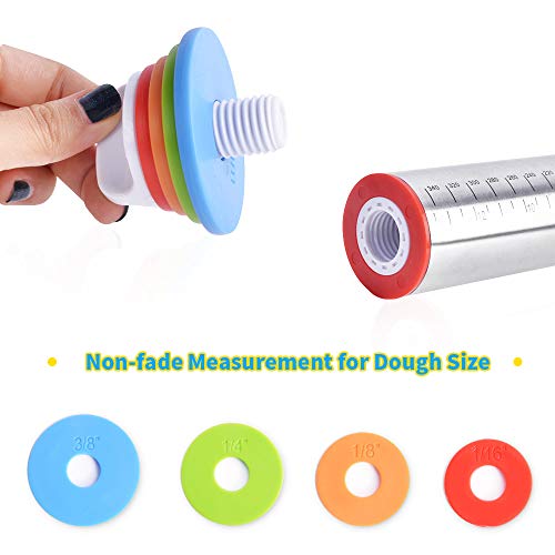 SZUAH Adjustable Rolling Pin, Stainless Steel Roller Pin with Removal Thickness Rings, Pastry Mat and Basting Brush for Baking.