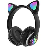 TOKANI Kids Bluetooth Wireless Over-Ear Cat Ear Headphones with Microphone for Kids Teens Adults (Black)