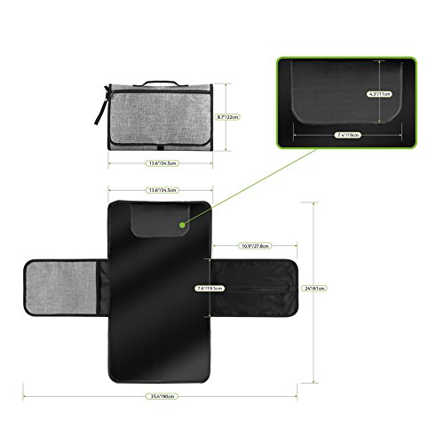 Portable Changing Pad Kit for Newborn Baby Infant - Lightweight Travel Home Diaper Changer Mat with Pockets - Waterproof & Foldable Changing Station with Head Cushion(Gray & Black) - Thumbnail 2