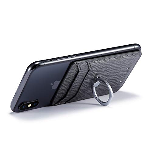 Phone Card Holder with Ring Grip for Back of Phone,Adhesive Stick-on Credit Card Wallet Pocket for iPhone,Android and Smartphones (Black)