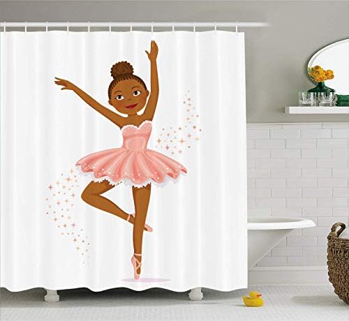 Retro Shower Curtain, Ballerina Dancing Daughter Classic Performance Hobby Birthday Kids Baby Theme, Cloth Fabric Bathroom Decor Set with Hooks, 60 * 72 inch, Brown and Rose