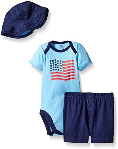 Gerber Baby Three-Piece Bodysuit, Short and Bucket Hat Set, Flag, 6-9 Months