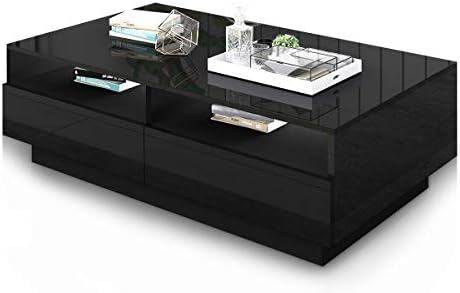 LUXSUITE Coffee Table, high Gloss Modern Side Table with Storage Inside and 4 Drawers, for Living Room - Black