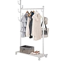 SINGAYE Clothes Rack 2-in-1 Coat Rack Rolling Garment Rack with Bottom Shelves, 7 Side Hooks, Lockable Wheels, Rolling Closet Organizer (White)