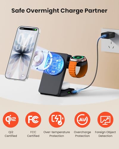 15W Fast Wireless Charging Station, GEEKERA 3 in 1 Magnetic Wireless Charger Stand for Apple Devices, Foldable Travel Charging Dock for iPhone 17 16 15 14 13 12, for Apple Watch & AirPods