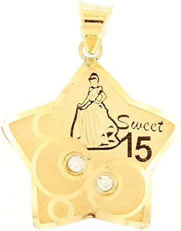 14K Yellow Gold Quinceanera silhouette" Sweet 15" Pendant Star Design with CZ