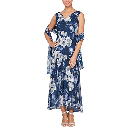 Alex Evenings Damen Ärmelloses bedrucktes Chiffon Schal Kleid für besondere Anlässe, Marineblau mit Blumenmuster, 42