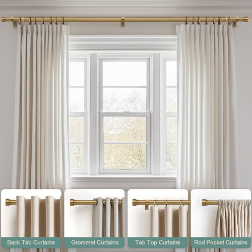 Lootkell Warm Gold Curtain Rods for Windows 72 to 144 Adjustable Length Heavy Duty 1" Diameter Brass Bronze Long Window Curtain Rod with Solid Metal Finials for Outdoor Farmhouse Bedroom Living Room