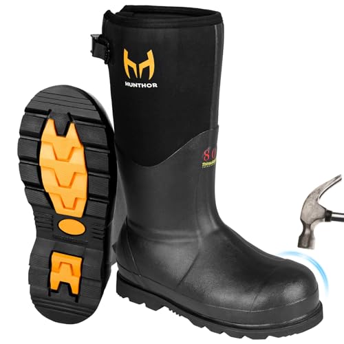 Photo 1 of Rubber Work Boots with 800g Insulation, Puncture-Proof Steel Toe & Shank, Waterproof and Insulated 6mm Neoprene Hunting Boots for Farming, Construction, Fishing, and Manufacturing (Black, Size 11)