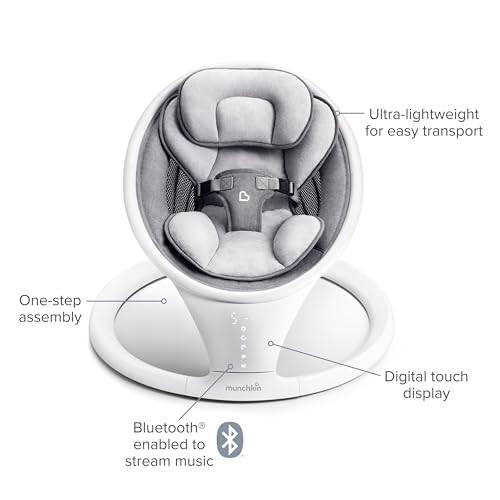 Munchkin Electric Baby Swing, Portable and Lightweight, Bluetooth Enabled Infant Rocker with Natural Sway in 5 Ranges of Motion, Newborn Nursery Essentials, White/Grey