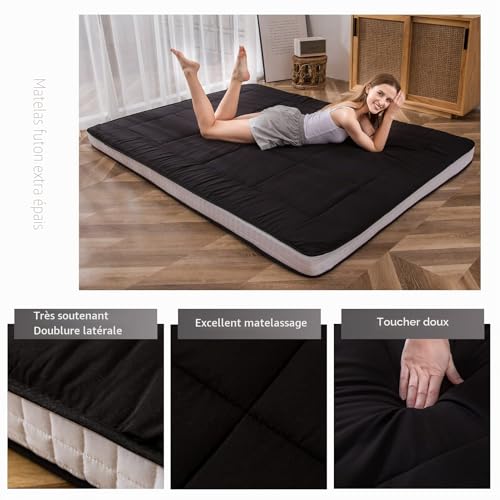 MAXYOYO Japanese Futon Mattress Floor Padded Quilted Mattress Topper, Extra Thick Sleeping Pad Foldable Breathable Floor Lounger Guest Bed for Camping Sofa (Black, King)