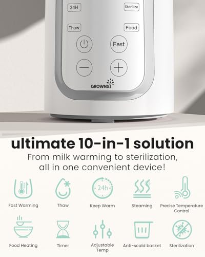 Grownsy Bottle Warmer 10-in-1 Fast Baby Bottle Warmer and Steriliser, for All Bottles, Milk Warmer for Breastmilk or Formula, BPA-Free, Smart Temperature Control and Automatic Shut-Off