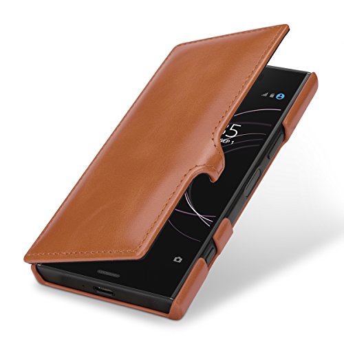 StilGut Genuine Leather Case for Sony Xperia XZ1 Compact, Book Type Folio Flip Cover with Clasp, Cognac Brown