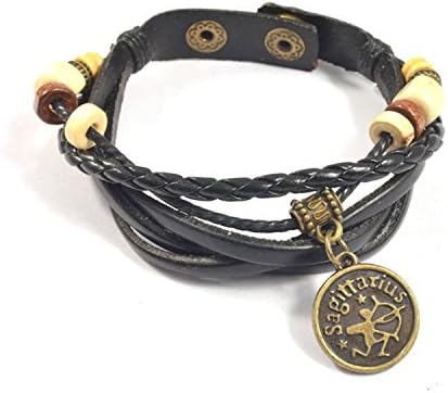 Sagittarius Astrology Horoscope Bracelet Fashion Jewelry Made of Braided Leather with Brass Zodiac Charm and Adjustable 2-Snap Fastener is Unisex for Men and Women (Sagittarius)