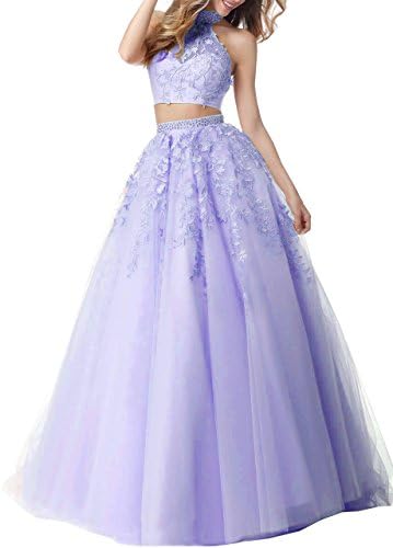 SHNE Women's Elegant Beaded Halter Open Back Long Two Piece Lace Tulle Evening Formal Prom Dress Lavender US10