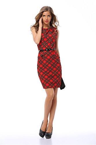 Midi Pencil เสื้อผ้าคนอ้วน Sleeveless Office Work Dress เดรส แฟชั่นชุดทำงาน LIMG ผู้หญิง Plaid(S-3XL)