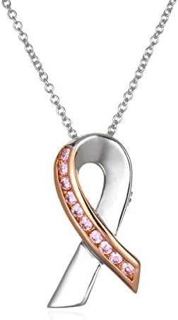 Rose Gold Plate Silver Pink CZ Breast Cancer Symbol Necklace-18"