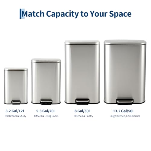 12L Stainless Steel Trash Can for Kitchen, Office, Bathroom – Rectangular, Soft-Close Lid, Foot Pedal, Removable Bucket, Fingerprint-Proof, Space-Saving,Silver