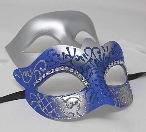 HIS N HERS PAIR OF CO-ORDINATED SILVER & BLUE COUPLES VENETIAN MASQUERADE CARNIVAL PARTY BALL EYE MASKS, Silver Blue, 8cm deep