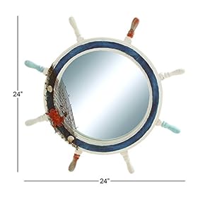 Deco 79 Wood Sail Boat Ship Wheel Wall Mirror with Netting Accent, 25" x 2" x 25", White 41hmPX 2YEL