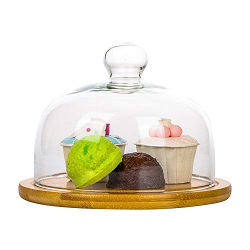 Wood Cake Stand with Dome Glass Cheese Pastry Dome Plate Bamboo Tray Dessert Stand Server Serving Platter Use as Salad Punch Bowl/Veggie Desert Platter Ø 21x16cm