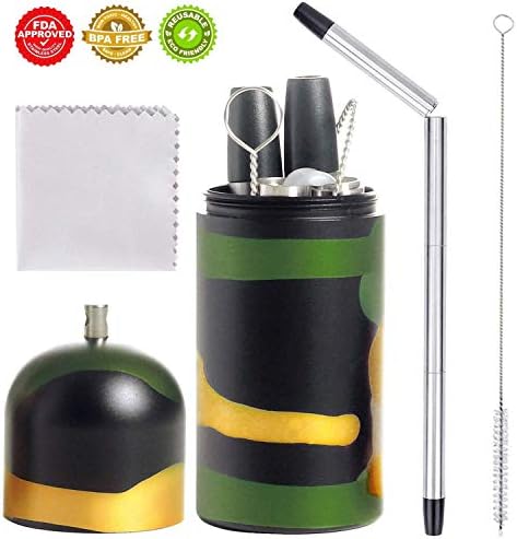 Collapsible Portable Stainless Steel Straws - Eco-Friendly Reusable Folding Drinking Straws - Final Food Grade Tube Travel & Outdoor Straws - With Hard Case and Cleaning Brush (Camouflage Green)