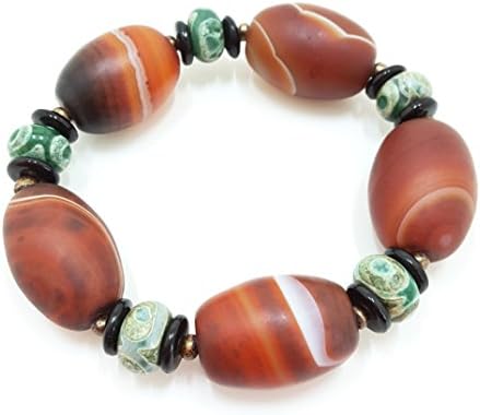 UNIQUE: CLASSIC STYLE - SARDONYX STONE AND TIBETAN GREEN DZI STONE - STRETCH BRACELET 6.5" (Deluxe gift box included)