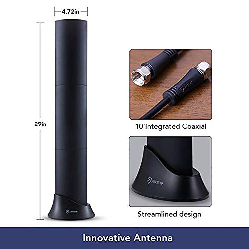 ANTOP Indoor Amplified HDTV Antenna with Smartpass Amplified & Built-in Noise-Free 4G LTE Filter, 65-Mile Range Multi-Directional Reception Range, 10ft Detachable Coaxial Cable & Table Stand