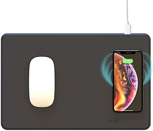 WongoX PU Leather Mouse Pad Wireless Charger,w/LED Indicator,15" Large Smooth Mouse Mat,Low-Drag for Mice,Hard Nonslip Suede Base,Special Angle Align for Phone Easy-Targeted Charging (Navy Blue)