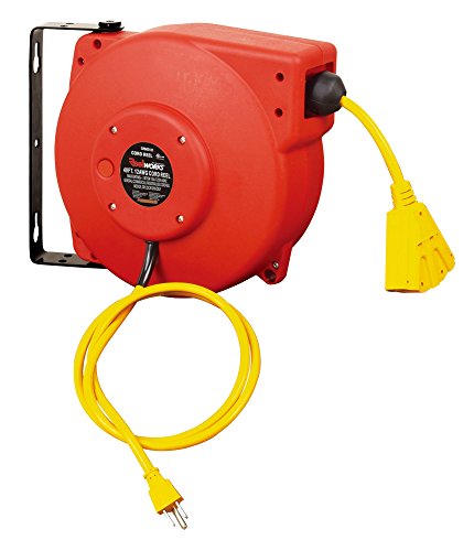 REELWORKS Retractable Extension Cord Reel Polypropylene Industrial 12AWG x 40' Feet Commercial Grade 3C SJT Cable with Triple Tap Connector 15A 125VAC 1875W 60Hz Circuit Breaker Best for Indoor Use