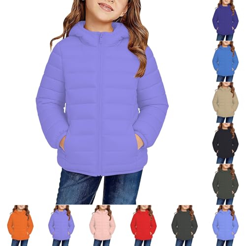 Girls' Coats Long Sleeve Winter Hooded Puffer Jacket Lightweight Warm Fleece Parka Outwear Windproof Solid Color Fashion Coat Basic Hooded Jacket with Pockets (Dark Purple, 3-4 Years)
