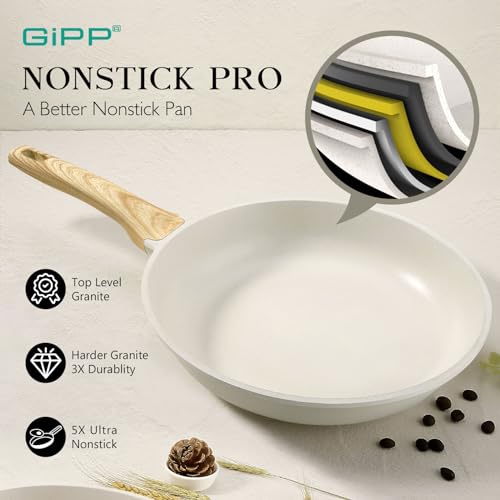 GiPP Nonstick Frying Pan Skillet - Granite Non Stick Pans, Healthy Granitestone Non-Stick Fry Pan Omelette Pan Egg Pan, Compatible with All Stoves, PFOA Free (White, 24CM)