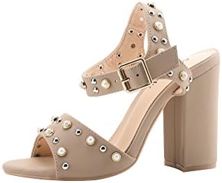 Ashley A Collection SETILA Women's Glamorous Platform Stud and Pearl Embellishment Block Chunky Heels,NUDE7.5
