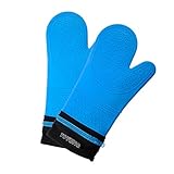 Detachable Silicone Oven Mitt - 1 Pair of Extra Long Professional Heat Resistant Potholder Gloves - Blue