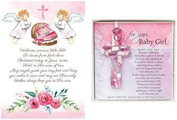 Christening Gifts For Girls Gift Set Pink Handmade in USA Glass Cross for Baby Girls and Made in USA Baptism Prayer Card for Girls Great Baptism Gifts for Girls from Godmother