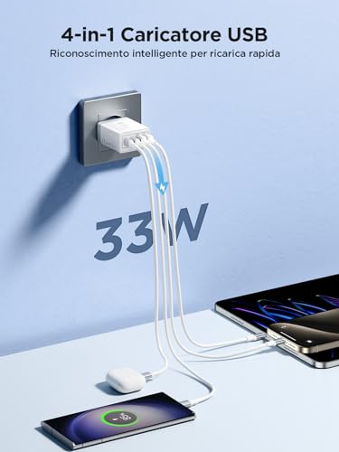 USB Charger, 4 Ports USB Wall Charger 33W QC 3.0 Quick Charge Multiple USB Charger Power Supply USB Socket for iPhone 15 14 13 12 11 X, Samsung Galaxy S21 S20 A71 A51, Xiaomi, Huawei
