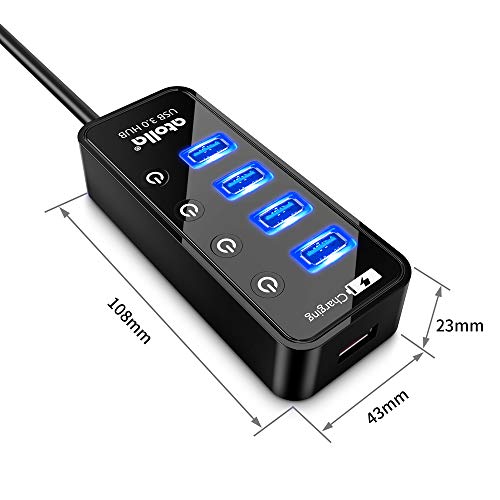 Atolla Powered USB 3.0 Hub, 4-Port USB Hub with Individual On/Off Switches - Power Adapter Included