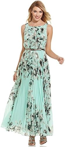 Fashion Summer Chiffon Floral Printed Sleeveless Back Zipper Maxi Long Dress Green L