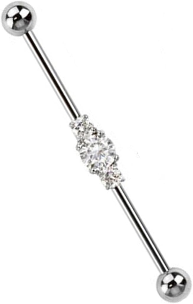 ~ Gift Boxed ~ Industrial Scaffold Piercing Bar 3 Gems Cluster Centre 38mm Barbell in Pink ~ Blue ~ Clear
