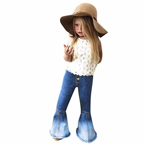 Rucan Girls Jeans, Kid Girls Vintage Denim Pants Splice Bell-Bottoms Trousers (18-24 Months) - Thumbnail 7