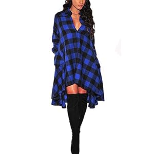 olrain Womens Plaids V Neck Long Sleeve Irregular Hem Casual Shirt Dress