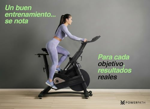 PowerPath - Bicicleta Estática para Spinning/Ejercicio en Casa, Disco de 13 kg, Bluetooth para APPs, Magnética, Robusta, Silenciosa con Monitor Electrónico, RPM - Bici Fija para Gym en Casa, Color Negro, Ajustable, 150 kg